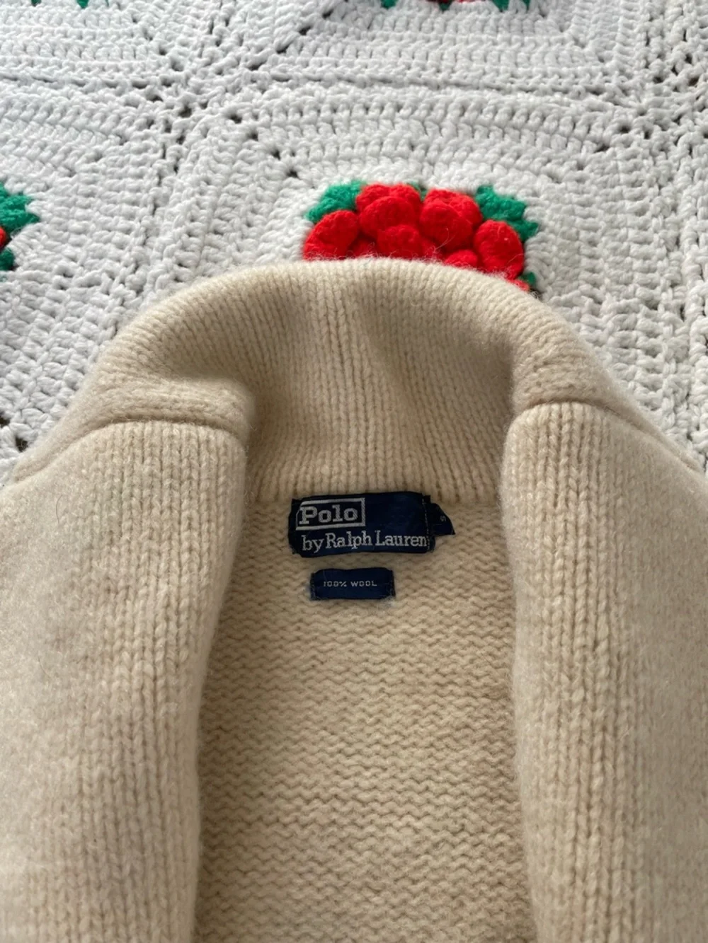 Ralph Lauren Hudson Bay  Wool Shawl Cardigan Striped Cream S Vintage 80’s - Picture 2 of 12